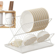 Sulankstomas indų džiovintuvas, sulankstomas indų stovas, anglinio plieno / nerūdijančio plieno indų džiovinimo stovas virtuvės stalviršiui, 2 pakopų indų stovas, nuimamas vandens gaudyklės padėklas stalo įrankiams, lėkštėms, Sc