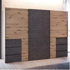 Forte Winn 2 Wardrobe 270 Modern Sliding Door Wardrobe 3 Door 6 Drawers Bedroom Artisan Oak Wood Decor | Concrete Look Dark Grey, 269.7 cm Wide x 200.5 cm High x 61 cm Deep