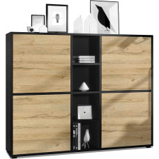 Vladon Cuba V3 Highboard, Made in Germany, Matte Black / Natural Oak - Modern Sideboard with 12 Compartments (130.5 x 105.5 x 35.5 cm)