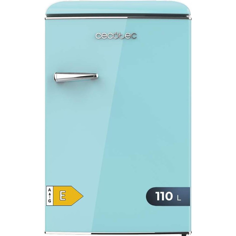 Cecotec Mini Retro Kühlschrank mit 110 L Bolero CoolMarket TT Origin 110 Blau E. Mini Kühlschrank, Klasse E, ICEBOX, LED-Innenbeleleuchtung, Chromgriff, Glasablagen, Flaschenöffner, Blau.