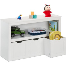 Relaxdays Children's Shelf, 3 Boxes with Wheels, H x W x D: 60 x 102 x 30 cm, Toy Cupboard Children's Chest of Drawers, White