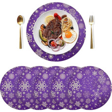 Tischsets, Weihnachts-Tischsets, 4er-Set, Winterviolett Lila mit goldenen Schneeflocken, weihnachtliche runde , , waschbar, wärmeisolierend, rutschfest