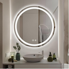 Round Bathroom Mirror LED 600mm HD Tempered Glass Bathroom Mirror, LED Bathroom Mirror, Illuminated Wall Mounted Vanity Mirror with Demister, 3 Color Dimmable
