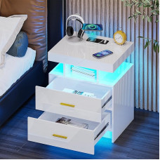 OUTDOOR DOIT LED naktinis staliukas su įkrovimo stotele, išmanioji naktinė spintelė su 3 spalvomis ir žmogaus jutiklio apšvietimu, modernus staliukas su 2 stalčiais, C tipo USB jungtimi, skirtas miegamajam, baltas