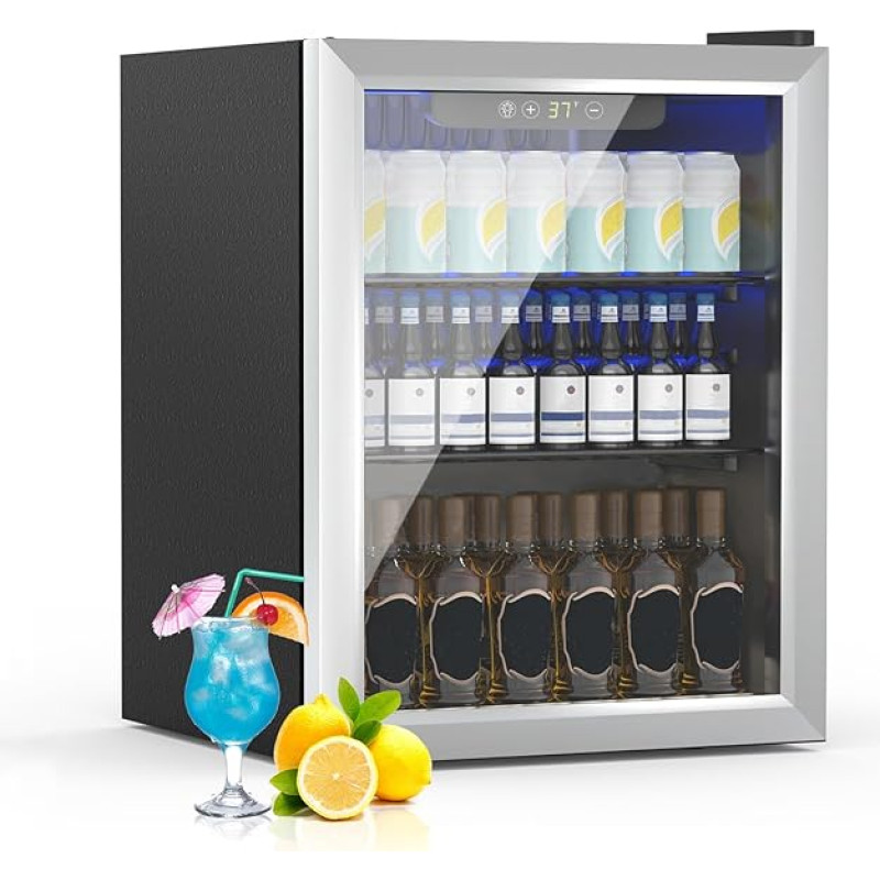 Gėrimų šaldytuvas, 50L/70 skardinių mini šaldytuvas su skaidriomis durimis limonadui, alui ar vynui, laisvai pastatomas nedidelis šaldytuvas su reguliuojamomis nuimamomis lentynomis ir LED ekranu