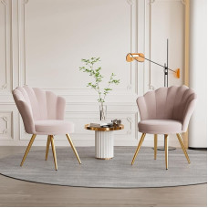 Velvet Dining Room Chairs • Shell Chair with Backrest & Armrests • Dressing Table Chair • Elegant Upholstered Chair • Accent Chair with Gold Metal Legs Accent Chair • Pink x 2