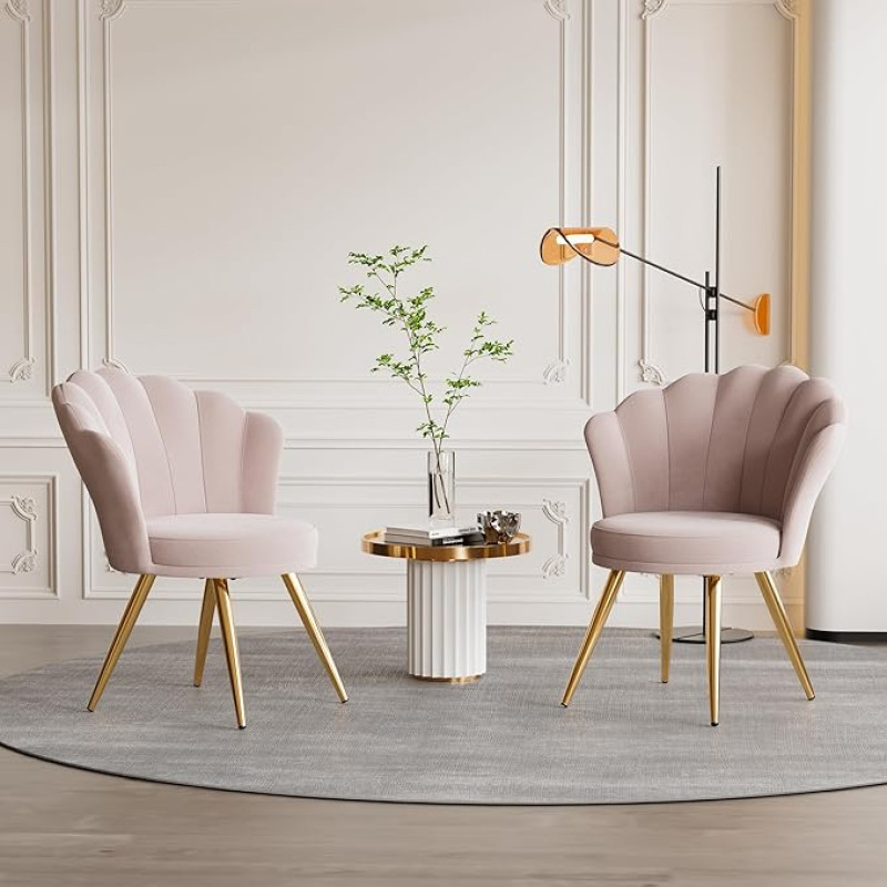 Velvetinės valgomojo kambario kėdės - kriauklės kėdė su atlošu ir porankiais - tualetinio stalo kėdė - elegantiška minkšta kėdė - akcentinė kėdė su auksinėmis metalinėmis kojomis Akcentinė kėdė - rožinė x 2