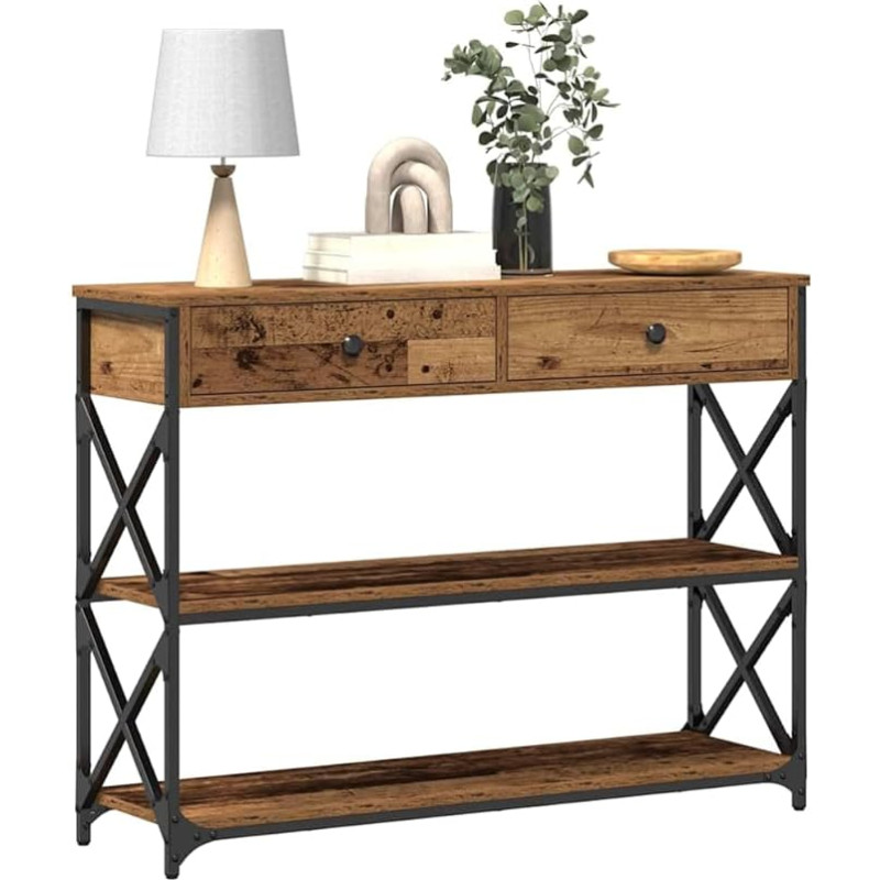 Konsole Tisch, Rechteckiger Konsolentisch, Altholz Schichtholz und Metall, rustikaler Stil, robuster Flur-Akzent, für Deko, Wohnzimmer (100x28x75 cm)