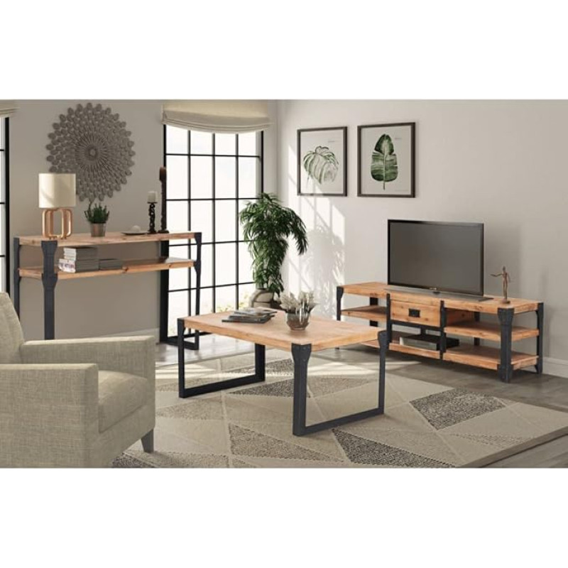 3-TLG. Wohnzimmermöbel-Set aus massivem Akazienholz mit Fernsehtisch, Couchtisch und Konsolentisch in gebürsteter Optik und Stahl für industriellen Stil, Robustes Möbel Set