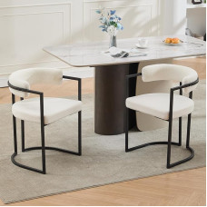 Valgomojo kėdės, 2 komplektai, pusapvalės virtuvės kėdės su juodu metaliniu rėmu, modernios minkštos kėdės, medvilninis audinys valgomajam, virtuvei, miegamajam, baltos spalvos