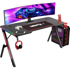 Todeco 160 x 60 cm Gaming Table with LED, Gaming Desk, PC Table Gaming with Carbon Fibre Surface, with Headphone Hook, Drink Holder, Ergonomic PC Gaming Table