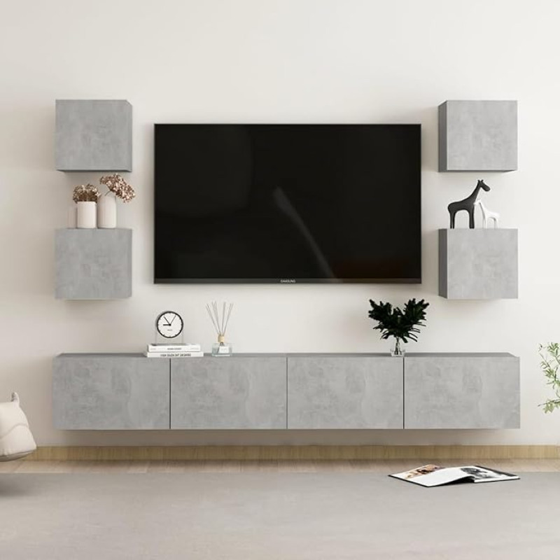 TV Schrank,6-TLG. TV-Schrank-Set Betongrau Holzwerkstoff,TV lenta Hängend Schrank Fernsehschrank TV bankas Wohnzimmer Möbel Modern Wandschrank für Wohnzimmer Schlafzimmer
