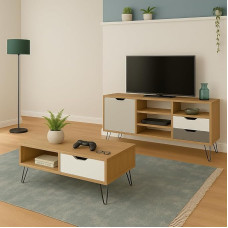 Mommahome Svetainės baldai TV spintelė ir kavos staliukas Ąžuolo baltos ir pilkos spalvos MDF metalinės kojos Valgomojo staliukas 2 vnt.