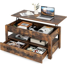 GOPLUS kavos staliukas su pakeliama plokšte, pramoninis kavos staliukas su stalčiais, paslėpta laikymo vieta ir lentynomis, medinis sofos staliukas, reguliuojamo aukščio svetainės staliukas, skirtas svetainei ir biurui, 106 x 50