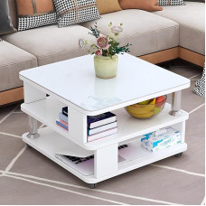 Modern Coffee Table White High Gloss with Storage Space and Wheels, Compact Sofa Table for Living Room, Bedroom and Balcony, Flexible Side Table for Sofa and Bed, 50 x 50 x 55 cm (White 1)