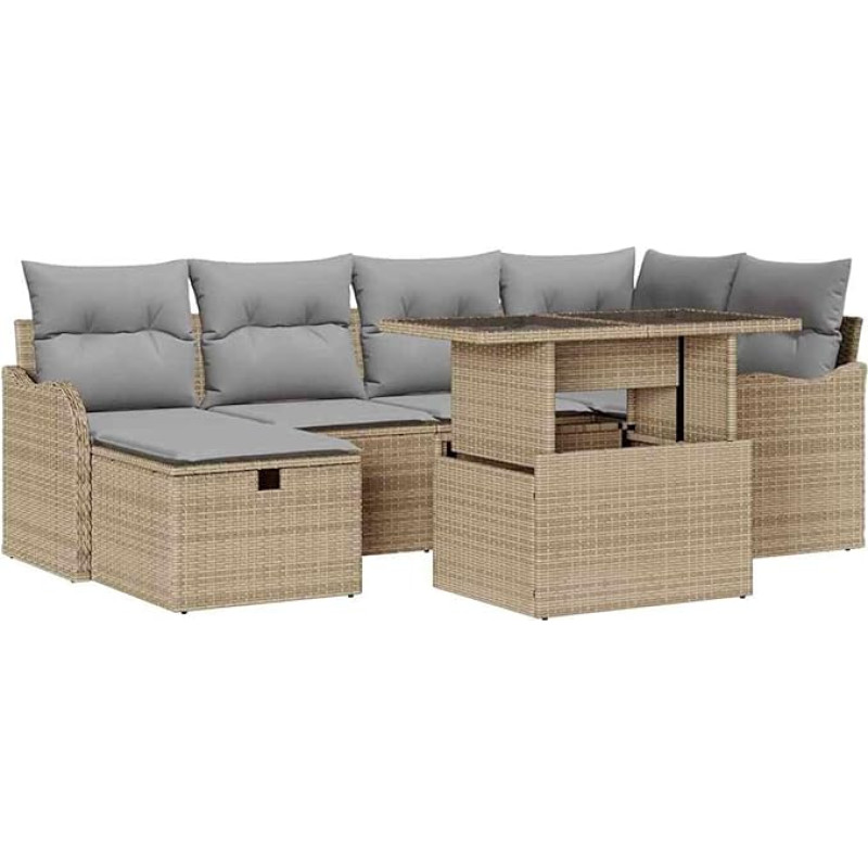 7-teiliges Garten Sofa Set mit Kissen Beige Poly Rattan, 2-Sitzer Garten Sofa mit Stauraum & Kissen Beige Poly Rattan Gartenlounge Modelis3361049