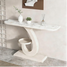 Konsolentisch Schmal mit 2 Ablagen, Eingangstische hinter dem Sofa, Beistelltisch mit Metallrahmen für Flur, Eingangsbereich, Wohnzimmer(White Mix,47.2x11.8x31.5in)