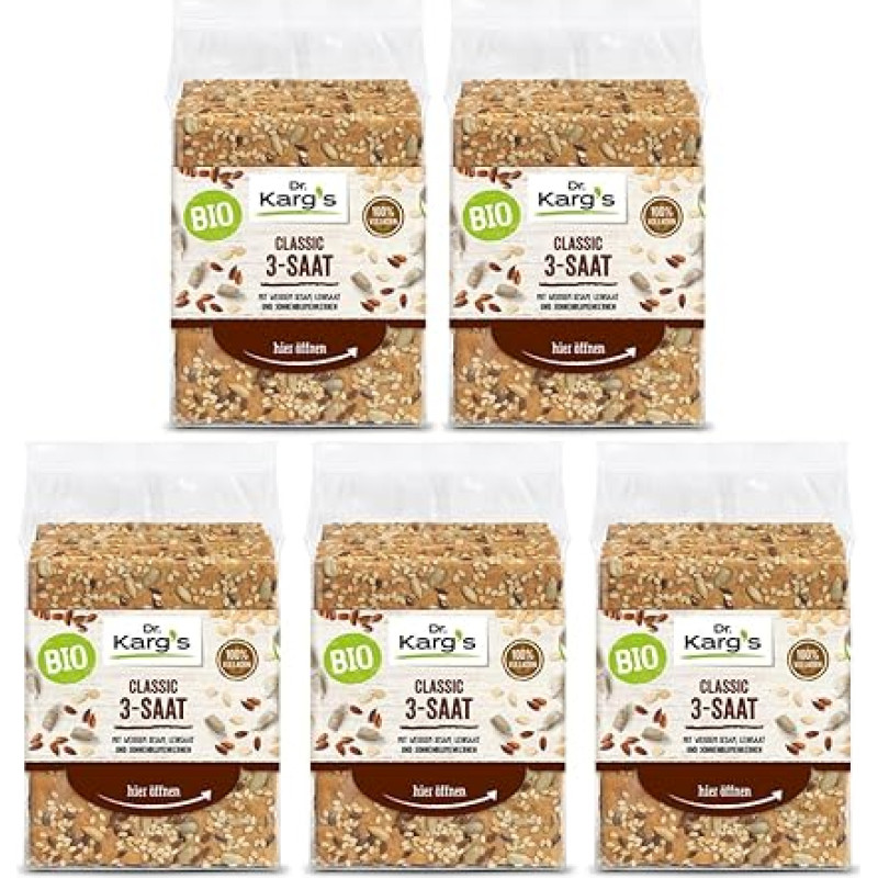 Dr. Kargs Bio Classic 3 sėklų traškučiai iš pilno grūdo 5 pakuotės po 200 g