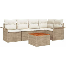 6-teiliges Garten-Sofa-Set mit Kissen Beige Poly Rattan Akazie, 2-Sitzer Garten-Sofa mit Stauraum und Kissen Beige Poly Rattan Gartenlounge Modelis3355999