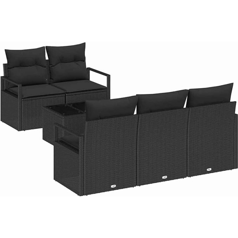 6-teiliges Garten Sofa Set mit Kissen Schwarz Poly Rattan, 2-Sitzer Garten Sofa mit Stauraum & Kissen Schwarz Poly Rattan Gartenlounge Modelis3354932