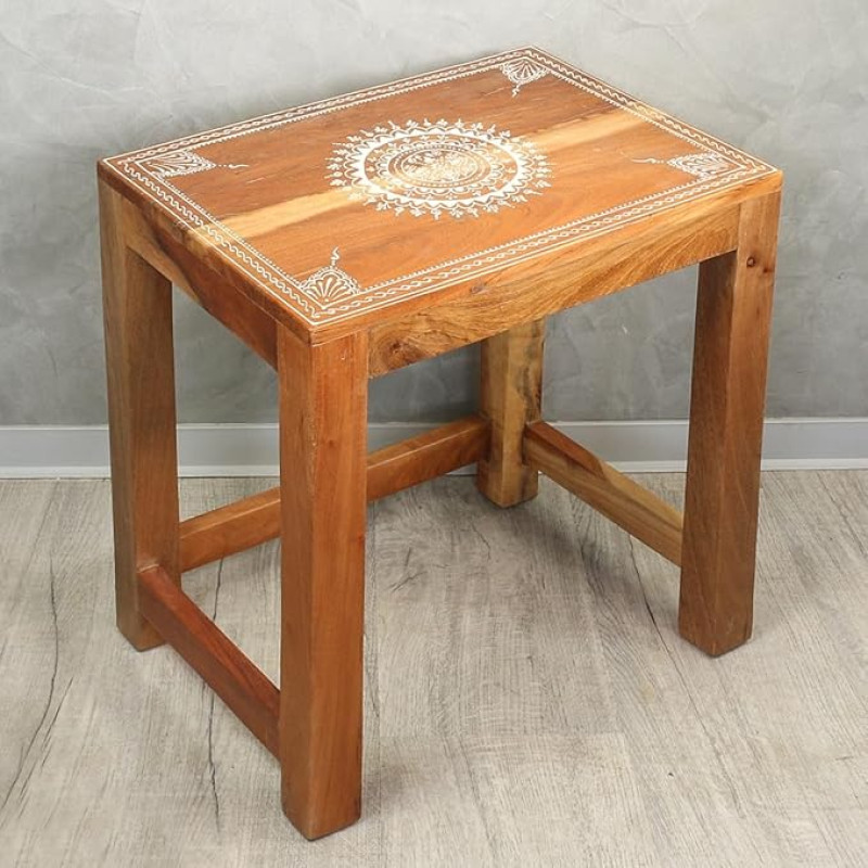 Indiškas staliukas su mandalos paveikslu Staliukas Naktinis staliukas taburetė Asia Natural Apie 54 cm aukščio
