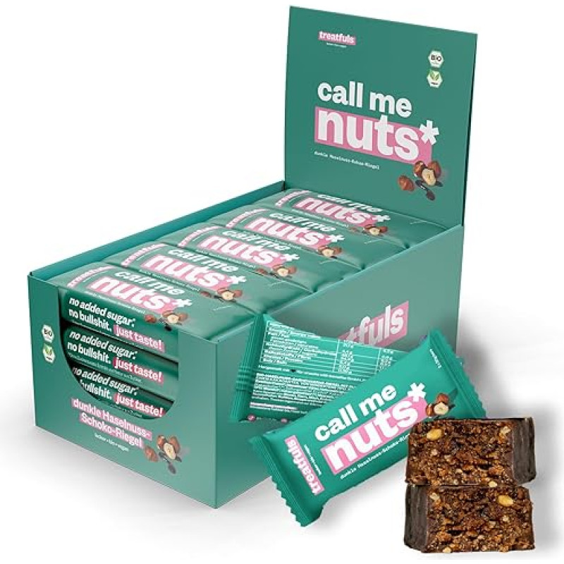 treatfuls Tamsus ekologiškas lazdyno riešutų šokolado batonėlis 20 x 40 g | Datulės ir riešutai | Ekologiškas ir veganiškas | 100% natūralūs ingredientai | Be glitimo | Be laktozės