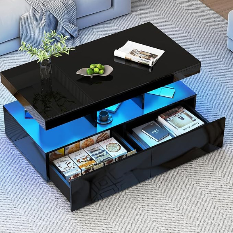 Modernus LED kavos staliukas su 2 stalčiais, skirtas svetainei, 104 x 53 x 46 cm