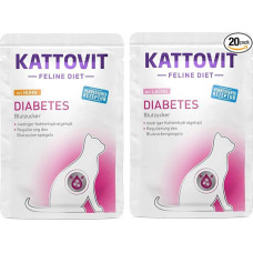 Kattovit Feline Diet Diabetes/Weight 20 x 85 g paketas | Dietinis drėgnas maistas katėms, sergančioms diabetu | 10 x vištiena ir 10 x lašiša | Mažai riebalų | Daug skaidulų | Su L-karnitinu svoriui reguliuoti