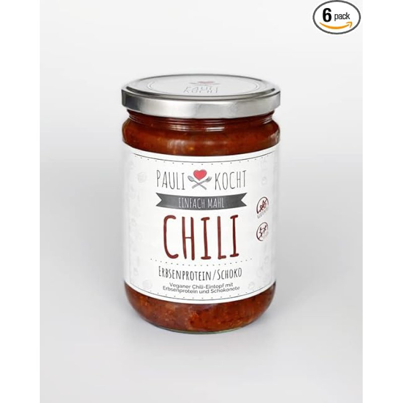 Čili žirnių baltymai / šokoladas stiklinėje, paruoštas maistas, 500 g, veganiškas, be glitimo, Mealprep, Ready2eat, Simply Grind Paulikocht