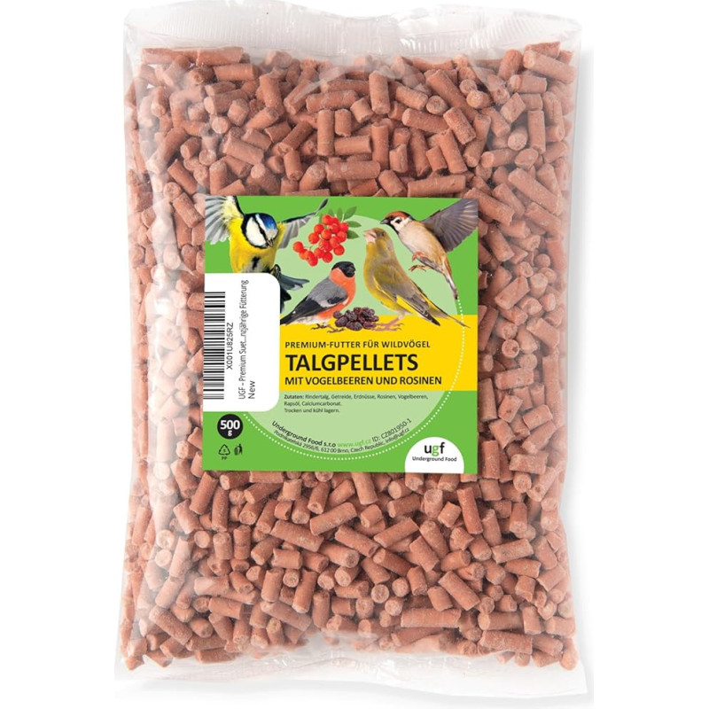 UGF - Premium Suet Pellets su miltiniais sliekais, ežiuole ir razinomis - 500 g, lesalas laukiniams paukščiams ištisus metus, lesalo granulės laukiniams paukščiams, sudedamųjų dalių derinys lesinimui ištisus metus
