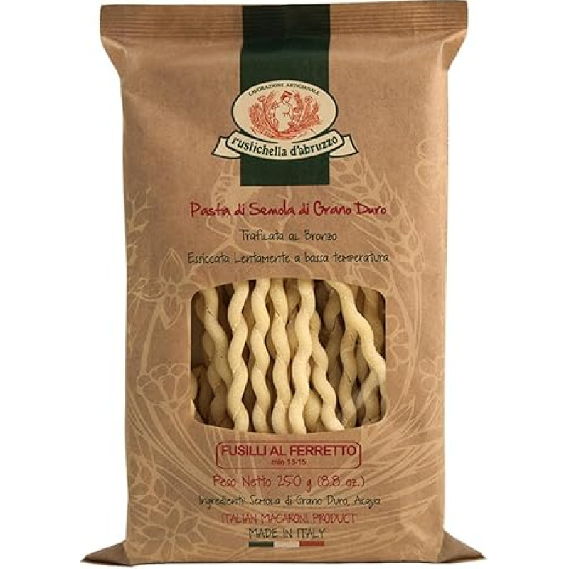 Rustichella d'Abruzzo | Fusilli Durum Wheat Semolina with Ferretto | Bronze Drawn Pasta - 1 x 250g | Slow Low Temperature Dried Italian Craft Pasta