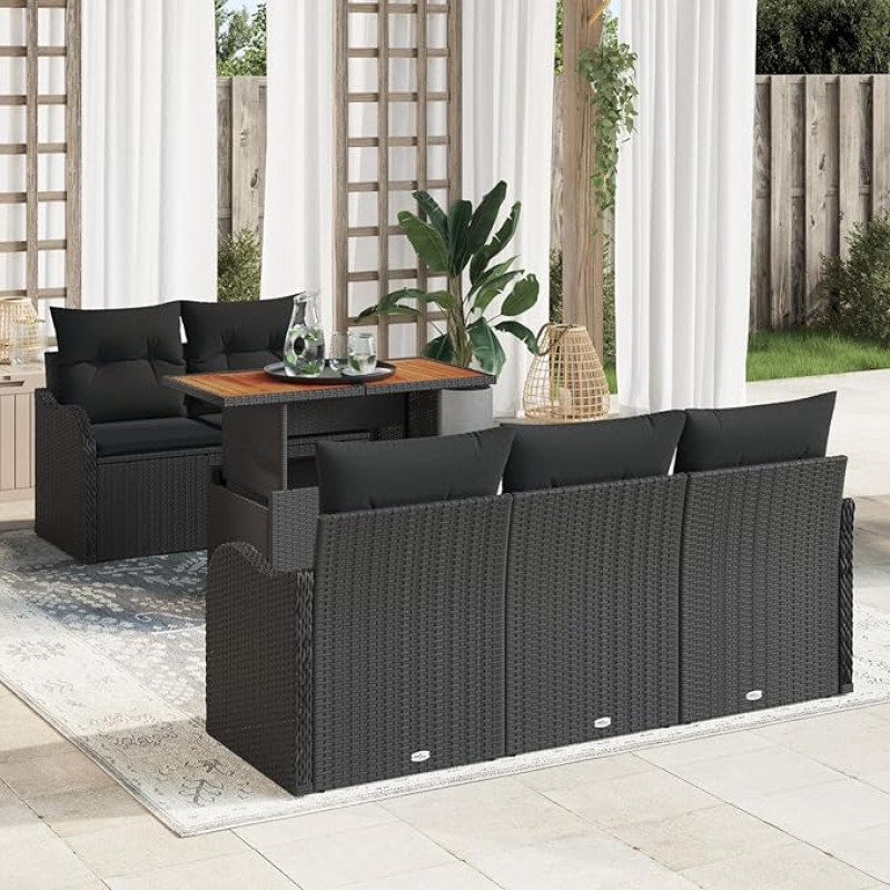 6-teiliges Garten-Sofaset mit Kissen Schwarz Poly-Rattan Akazie, 2-Sitzer Garten-Sofa mit Kissen Schwarz Poly-Rattan Gartenlounge Model3349400