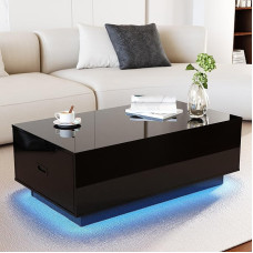 Blizgus LED kavos staliukas, LED kavos staliukas su 2 stalčiais, modernus svetainės kavos staliukas, juodas kavos staliukas, 105 cm pločio x 60 cm gylio