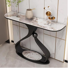 Konsolentisch - Leichte Luxus-Steinplatte mit schwarzem Rahmen aus Karbonstahl - kreativer Tisch im Industriestil für Eingangsbereich, Flur, Wohnzimmer, Foyer