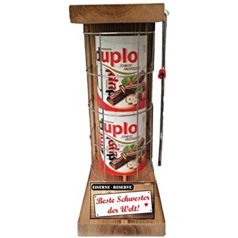 Dovanų idėjos gimtadienio proga Juokinga seseriai Duplo 20 strypų geležies atsargų tinklelis su avarinio pjūklo tekstu Raudona Beste Schwester der Welt (20 x 18,2 g)