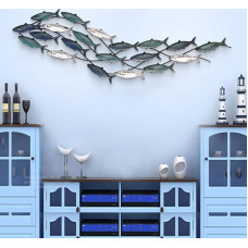 simdennr FISH SHOAL METAL WALL DECOR Didelis būrys žuvų rankų darbo metalinė sieninė skulptūra Sienų dekoras gyvenamajam kambariui Namai 150x42cm