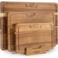 Schneidebrett Set 3-teilig aus Akazienholz mit Halter - Holz Schneidebretter Küche, 2 cm dick, tiefe Saftrille & Griffmulde - Schneidebrett für Fleisch Gemüse Brot - 40×30, 33×24, 26×18 cm
