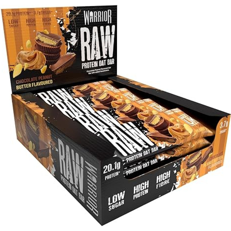 Warrior Raw Protein Bar Flapjack 12 x 75g (šokoladinis riešutas) - mažai cukraus, daug skaidulų turintis maistas ir avižų užkandis energijos, raumenų stiprinimui ir prisotinimui