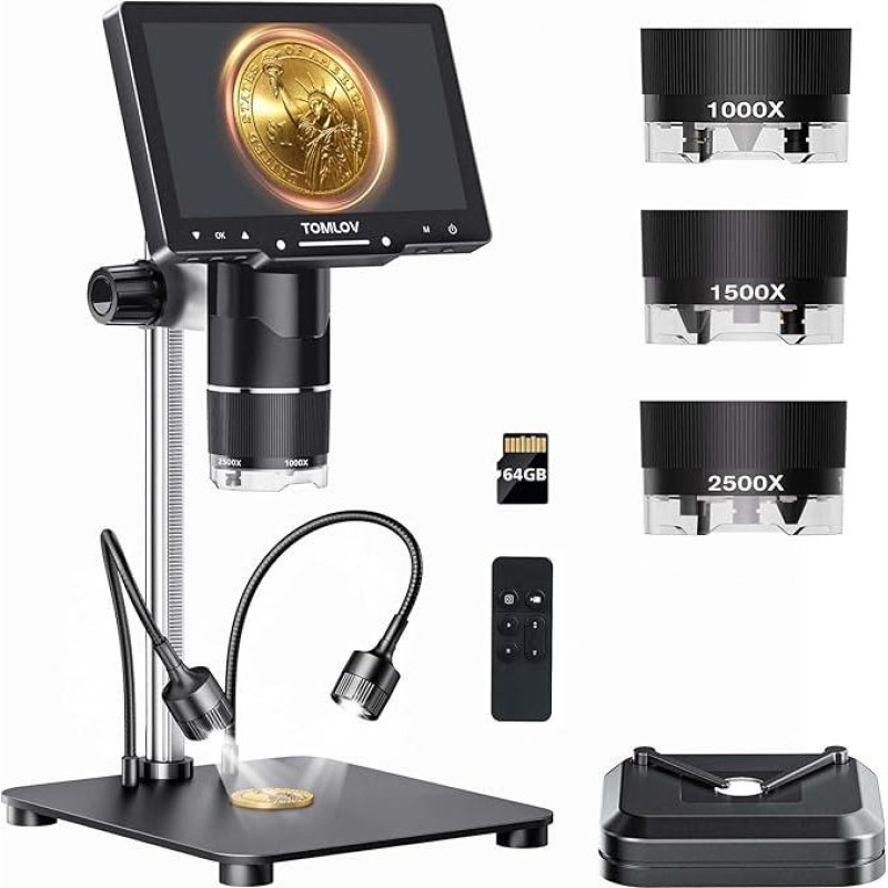 TOMLOV TriL107 3 lęšių skaitmeninis mikroskopas: 7 colių 2K 2K IPS HDMI 2500X monetų didintuvas, skirtas pilnam monetų vaizdui su 14 LED žibintų, 12,6 colių stovelis, lituoklis suaugusiesiems, realaus laiko ekranas kompiuteryje/televizoriuje