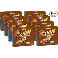 NESTLÉ Lion pusryčių batonėlis, traškus pusryčių batonėlis su karamele ir pienišku šokoladu, 32 % pilno grūdo, skanus užkandis, 8 vnt. (4 x 25 g)