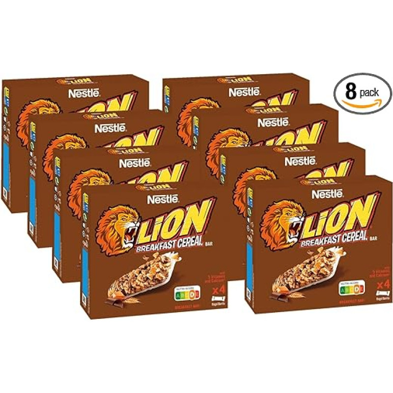 NESTLÉ Lion pusryčių batonėlis, traškus pusryčių batonėlis su karamele ir pienišku šokoladu, 32 % pilno grūdo, skanus užkandis, 8 vnt. (4 x 25 g)