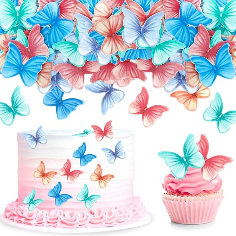Pakuotė iš 48 valgomųjų drugelių ryžių popieriaus torto viršūnėlės dekoracijos Spalvingi drugeliai Cupcake Toppers Vestuvių gimtadienio vakarėlio keksiukų puošyba Ornamentai Gimtadienio torto viršūnėlė
