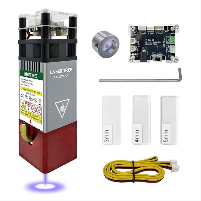 Lazerio modulio rinkinys 5 W optinės galios su oro palaikymu, LASER TREE 40 W 45 mm fiksuoto fokusavimo balanso graviravimo ir pjaustymo galvutė, 450 nm lazerinio graviravimo modulio galvutė, skirta graviravimo mašinoms, 12 V
