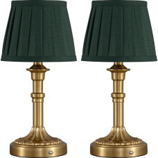 Belaidis stalinis šviestuvas, 2 vnt., LED audinio atspalvis, mažas stalinis šviestuvas su baterija, nuolat pritemdomas jutiklinis naktinis šviestuvas svetainei, valgomajam, miegamajam, vonios kambariui (bronza + žalia)