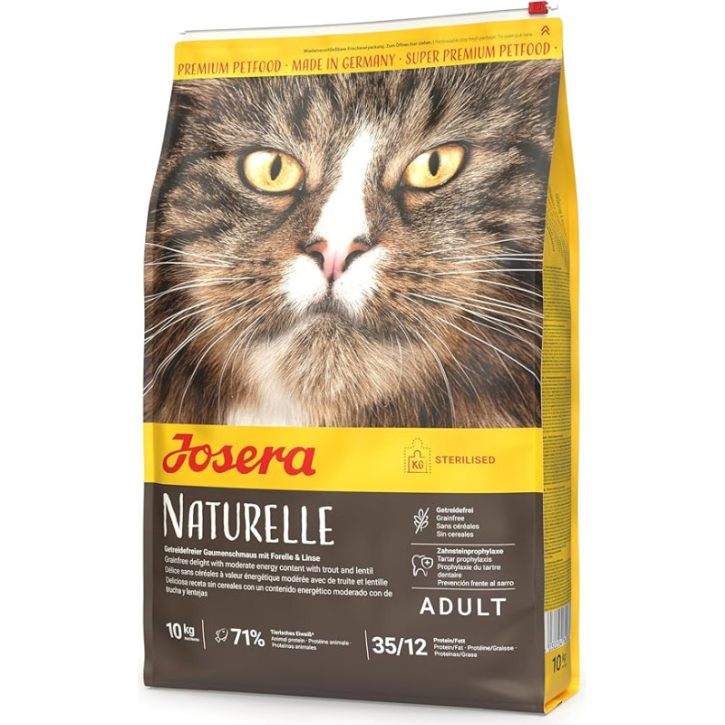 JOSERA Naturelle (1 x 10 kg) | Suaugusiesiems | Aukščiausios kokybės sausas maistas suaugusioms sterilizuotoms katėms | Paukštiena ir upėtakiai | Vidutinio riebumo | Be grūdų | Maistas katėms | Pakuotė po 1 vnt.
