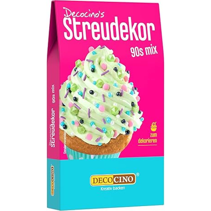 DECOCINO 90-ųjų mišinys 40 g - puikus spalvingų 90-ųjų spalvų derinys, puikiai tinkantis vakarėliams, teminiams vakarėliams, gimtadieniams ar šventėms, idealiai tinka tortams, pyragams ar keksiukams puošti
