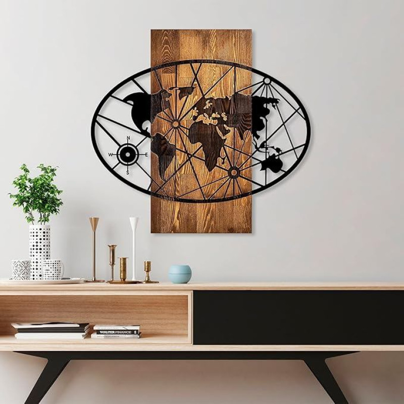 Elegantiškas dekoratyvinis medinis sienų aksesuaras, 57 x 62 cm, 100 % tikro medžio (3 cm) ir metalo (1,5 mm), unikali riešutmedžio ir juodos spalvos apdaila, puikiai tinka namų dekorui