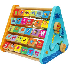 TOWO Wooden Toy Motor Skills Toy Play Centre Wooden with Writing Board Abacus Letters Numbers Colours Clock Pictures - Educational Toy from 1 Year - Gift Idea Birthday Baby Child Toddler