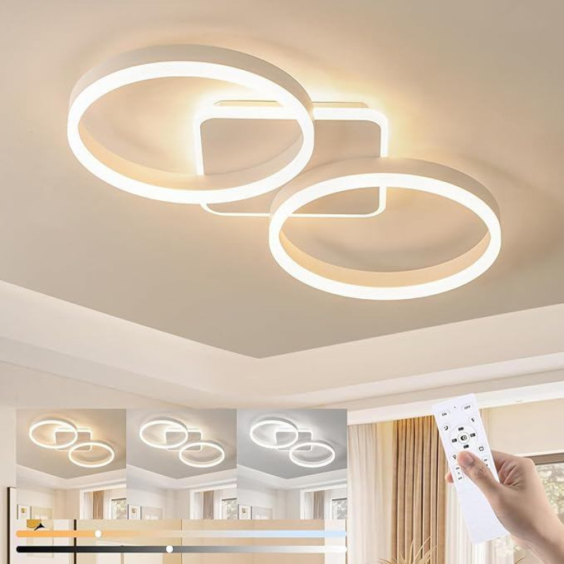LED lubų šviestuvas su nuotolinio valdymo pulteliu, 42 W miegamojo lubų šviestuvas su naktinio apšvietimo atminties funkcija, 65 cm modernus 2 žiedų dizaino lubų apšvietimas virtuvei, biurui, valgomajam