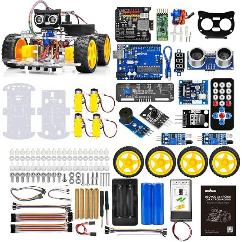 OSOYOO Robotas automobilis Starter Kit V4.0 suderinamas su Arduino IDE - elektroninis konstruktorius su kamera - linijos sekimo modulis - ultragarso jutiklis - automobilis robotas žaislas - programavimo mokymasis vaikams